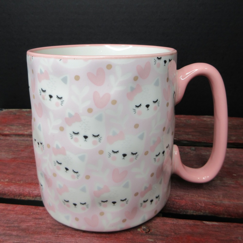 Pink Kitty Cat Face Mug Coffee Cup Hearts & Bows Microwave Dishwasher